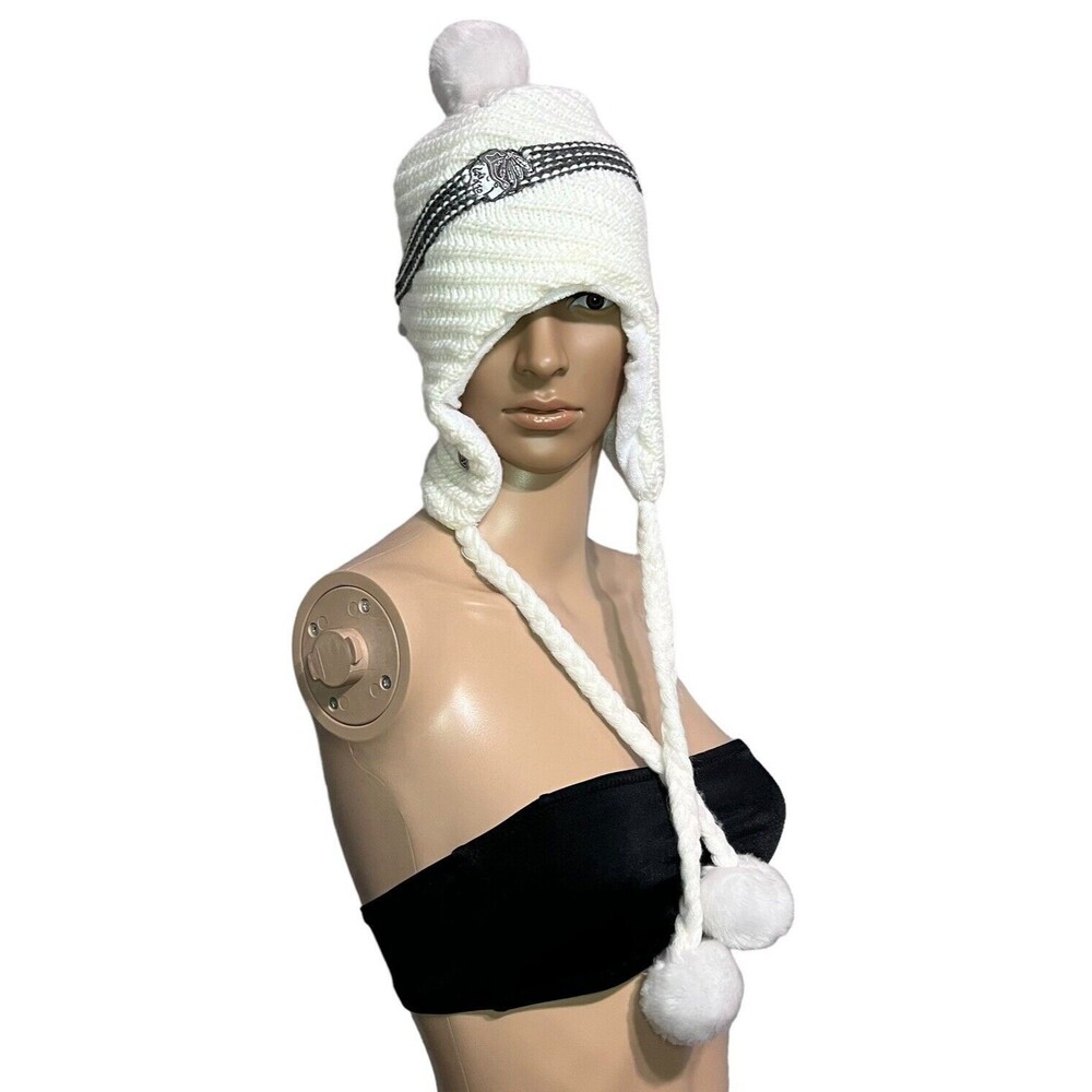 Chicago Blackhawks Winter Ear Warmer White Beanie Hat with Pom Tassels "Ladies"